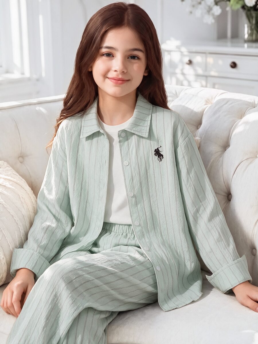 SHEIN Tween Girl Casual 80s Cute Teal Shirt And Pants Set Autumn Fall School Student Off Campus Holiday