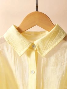 SHEIN Kemeja Lengan 3/4 Kerah Putih Model Drop-Shoulder dari Irls, Gaya Preppy, Serbaguna untuk Sekolah, Kasual, Musim Semi/Panas, Musim Gugur, Atasan Musim Gugur - Kuning - View 8