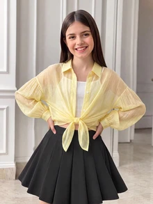SHEIN Kemeja Lengan 3/4 Kerah Putih Model Drop-Shoulder dari Irls, Gaya Preppy, Serbaguna untuk Sekolah, Kasual, Musim Semi/Panas, Musim Gugur, Atasan Musim Gugur - Kuning - View 2
