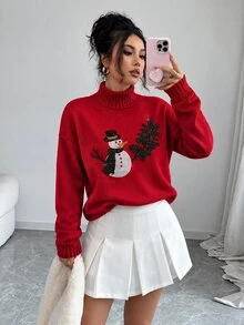 SHEIN LUNE كنزة صوفية حمراء محبوكة للنساء بنمط رجل الثلج المرصع بالراينستون، كتف منخفض بقصة فضفاضة قصيرة، ملابس علوية بأجواء العطلات لفصل الخريف/الشتاء ورأس السنة وعيد الميلاد - الأحمر - مشاهدة 4