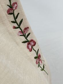 Elouméa 女款夏季復古刺繡立領短袖襯衫，白色溫柔風V領花卉上衣，修身百搭通勤與度假風 - 杏色 - 查看 5