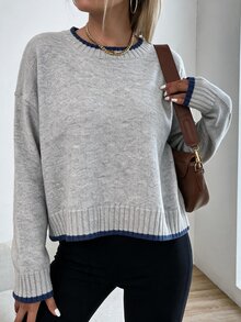 Elouméa 女款灰色拼色圓領套頭毛衣，休閒運動風，秋冬款 - 灰色 - 查看 4