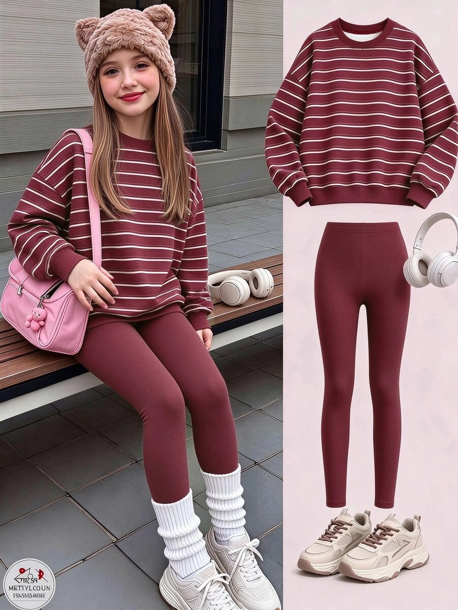 Tween Girls Striped Print Crew Neck Sweatshirt Set, Personalized Striped Print Set, Personalized Sweatshirt, Suitable For Autumn/Winter, Daily Outings, Casual Wear, Vibrant Style, Casual Travel, Basic Style, Comfortable And Easy To Wear, Casual Everyday - Multicolor - View 1