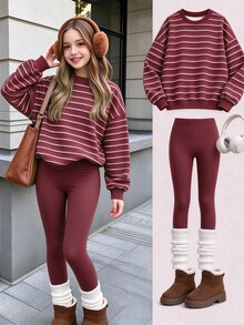 Tween Girls Striped Print Crew Neck Sweatshirt Set, Personalized Striped Print Set, Personalized Sweatshirt, Suitable For Autumn/Winter, Daily Outings, Casual Wear, Vibrant Style, Casual Travel, Basic Style, Comfortable And Easy To Wear, Casual Everyday - Multicolor - View 6