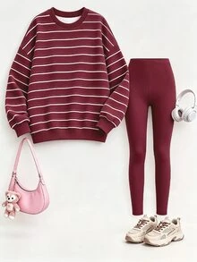 Tween Girls Striped Print Crew Neck Sweatshirt Set, Personalized Striped Print Set, Personalized Sweatshirt, Suitable For Autumn/Winter, Daily Outings, Casual Wear, Vibrant Style, Casual Travel, Basic Style, Comfortable And Easy To Wear, Casual Everyday - Multicolor - View 4
