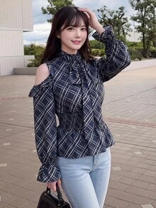 Bijouette 大尺碼休閒優雅黑白格紋編織露肩上衣，柔軟面料，日系甜美風，腰部下背上衣，約會之夜生日，秋季 - 藏蓝色 - 查看 15