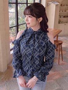 Bijouette 大尺碼休閒優雅黑白格紋編織露肩上衣，柔軟面料，日系甜美風，腰部下背上衣，約會之夜生日，秋季 - 藏蓝色 - 查看 6