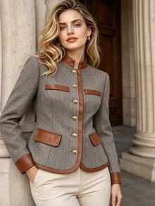 Linhara Plus Size Women's Colorblock Casual Daily Long Sleeve Jacket - Multicolor - View 3