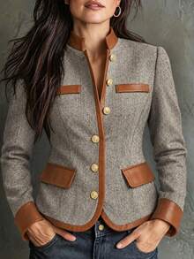 Linhara Plus Size Women's Colorblock Casual Daily Long Sleeve Jacket - Multicolor - View 1