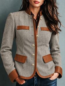 Linhara Plus Size Women's Colorblock Casual Daily Long Sleeve Jacket - Multicolor - View 5