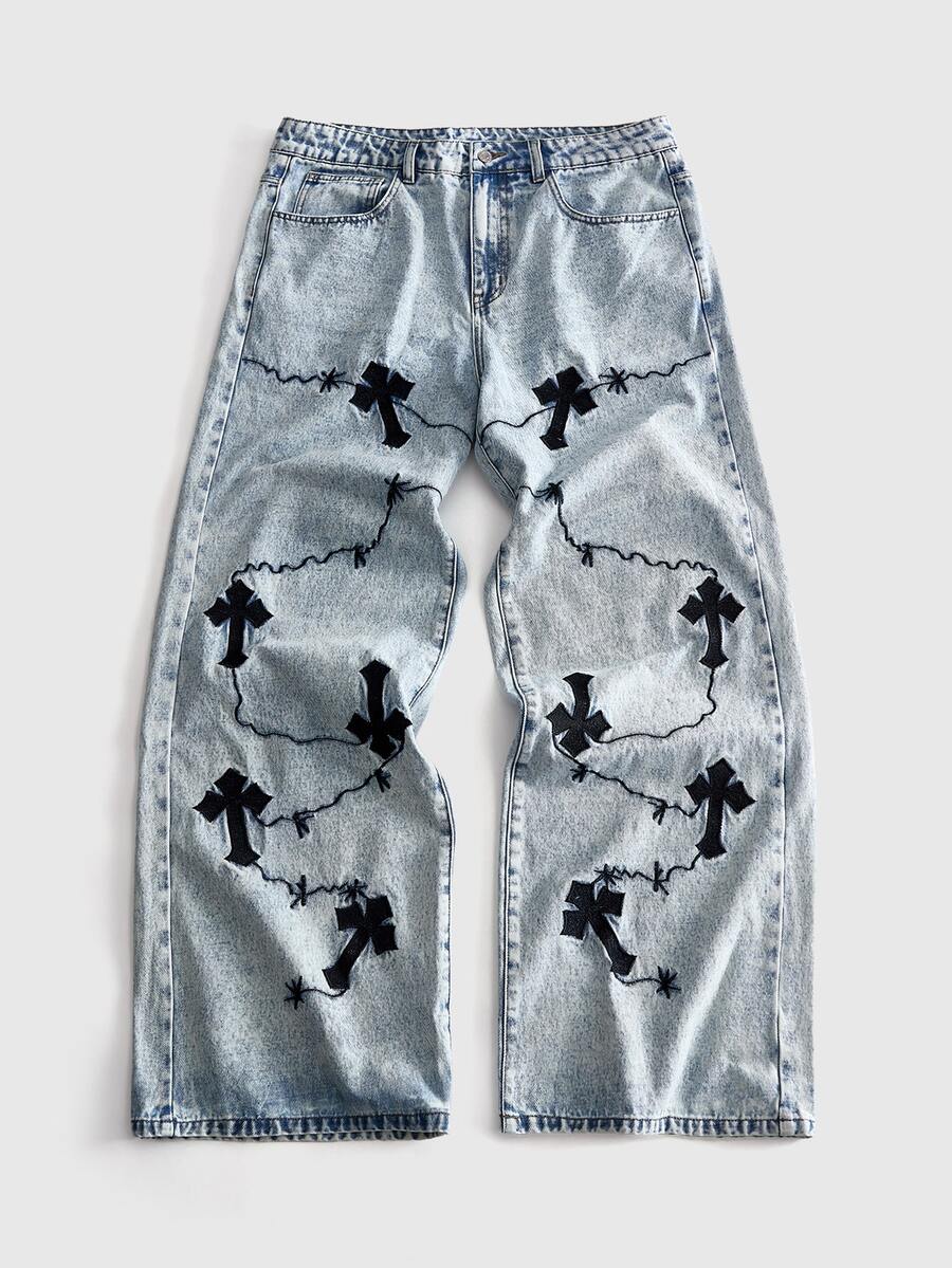 ROMWE MEN Y2K American Vintage Light Blue Chain Cross Embroidery Denim ...