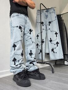 ROMWE MEN Y2K American Vintage Light Blue Chain Cross Embroidery Denim ...