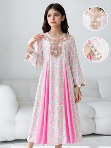 SHEIN 青少年女孩休閒度假波希米亞風花卉印花長洋裝，春夏派對公主禮服 - 彩色 - 查看 2
