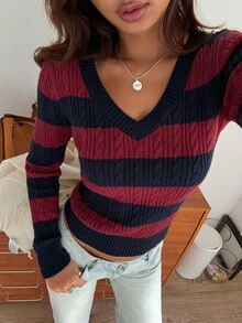 DAZY Women's Cable Knit Striped V-Neck Long Sleeve Casual T-Shirt - Burgundy - View 6