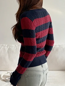DAZY Women's Cable Knit Striped V-Neck Long Sleeve Casual T-Shirt - Burgundy - View 2