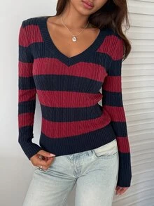 DAZY Women's Cable Knit Striped V-Neck Long Sleeve Casual T-Shirt - Burgundy - View 3
