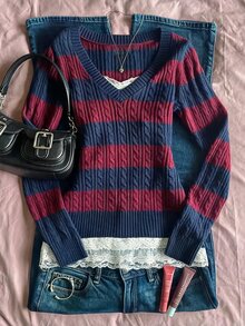 DAZY Women's Cable Knit Striped V-Neck Long Sleeve Casual T-Shirt - Burgundy - View 1