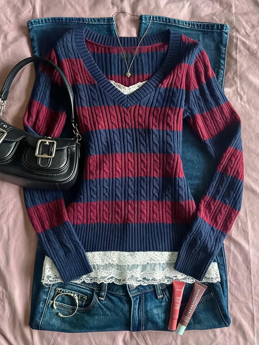 DAZY Women's Cable Knit Striped V-Neck Long Sleeve Casual T-Shirt - Burgundy - View 1