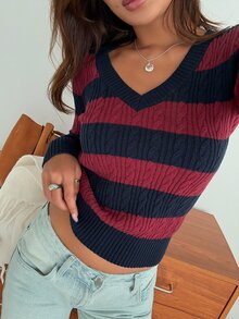 DAZY Women's Cable Knit Striped V-Neck Long Sleeve Casual T-Shirt - Burgundy - View 5