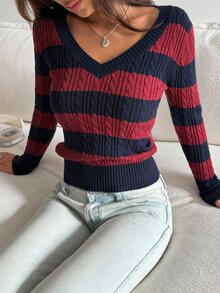 DAZY Women's Cable Knit Striped V-Neck Long Sleeve Casual T-Shirt - Burgundy - View 4
