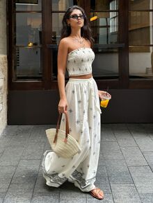 Serisse 女式度假撞色印花优雅休闲弹力修身褶皱上衣阔腿裤套装抹胸和裤子套装女式夏装女式两件套度假装女士度假两件套波西米亚风女装 - 米色 - 查看 4