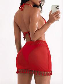 SHEIN Swim 1pc Women's Solid Color Fringe Boho Skirt Cover-Up Summer - Red - View 2