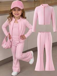 SHEIN Kids Young Girl Solid Color Zipper Long Sleeve Top And Flared Pants Casual Daily Set - Multicolor - View 1