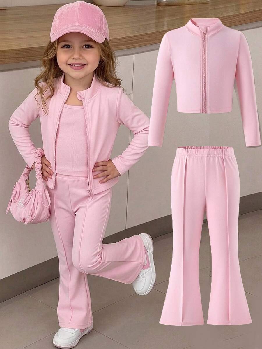 SHEIN Kids Young Girl Solid Color Zipper Long Sleeve Top And Flared Pants Casual Daily Set - Multicolor - View 1