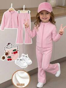 SHEIN Kids Young Girl Solid Color Zipper Long Sleeve Top And Flared Pants Casual Daily Set - Multicolor - View 2