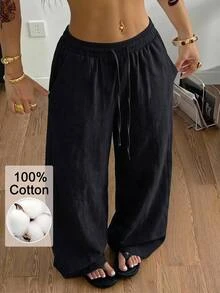 Coolane 女款大尺碼夏秋外出度假正式休閒優雅波西米亞風套裝 100%純棉收腰黑色長褲 萬聖節 - 黑色 - 查看 2