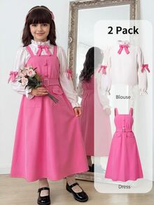 SHEIN Back To School Tween Girls Casual Preppy Style Cute Ruffle Bow Rose Pink Overall Dress & Commuter White Shirt T-Shirt Set School Uniform Set School - Hot Pink - View 3