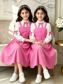 SHEIN Back To School Tween Girls Casual Preppy Style Cute Ruffle Bow Rose Pink Overall Dress & Commuter White Shirt T-Shirt Set School Uniform Set School - Hot Pink - View 12