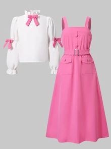 SHEIN Back To School Tween Girls Casual Preppy Style Cute Ruffle Bow Rose Pink Overall Dress & Commuter White Shirt T-Shirt Set School Uniform Set School - Hot Pink - View 13