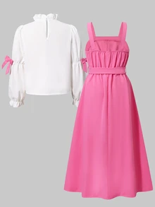 SHEIN Back To School Tween Girls Casual Preppy Style Cute Ruffle Bow Rose Pink Overall Dress & Commuter White Shirt T-Shirt Set School Uniform Set School - Hot Pink - View 7