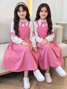 SHEIN Back To School Tween Girls Casual Preppy Style Cute Ruffle Bow Rose Pink Overall Dress & Commuter White Shirt T-Shirt Set School Uniform Set School - Hot Pink - View 2