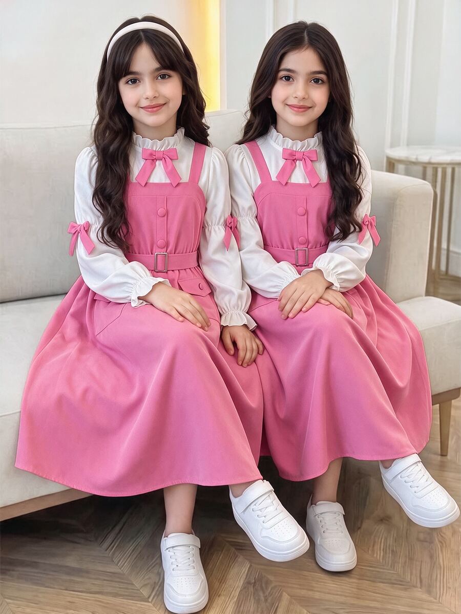 SHEIN Back To School Tween Girls Casual Preppy Style Cute Ruffle Bow Rose Pink Overall Dress & Commuter White Shirt T-Shirt Set School Uniform Set School