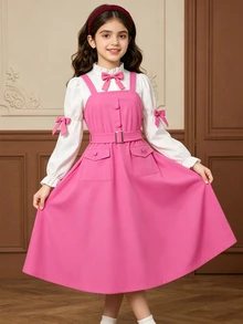 SHEIN Back To School Tween Girls Casual Preppy Style Cute Ruffle Bow Rose Pink Overall Dress & Commuter White Shirt T-Shirt Set School Uniform Set School - Hot Pink - View 11