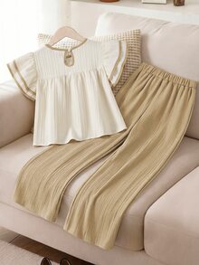 SHEIN Tween Girls Spring/Summer Casual Matching Cute Commuter Woven Wave Stripe Bow Decor Round Neck Flutter Sleeve Loose White Black Top Family School - Khaki - View 4