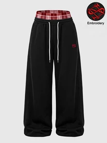 Manfinity Hypemode Men's Casual Streetwear 2 In 1 Sweatpants Thick Knitted Joggers Elastic Waistband Drawstring Black And White Plaid Fall Gym - Black - View 1