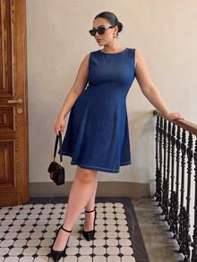 Dripcurv Plus Size Women's Solid Color Round Neck Casual Daily Wear Dress - Navy Blue - View 2