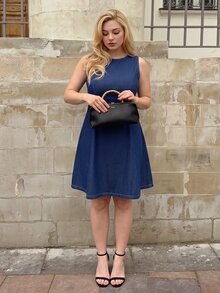 Dripcurv Plus Size Women's Solid Color Round Neck Casual Daily Wear Dress - Navy Blue - View 5