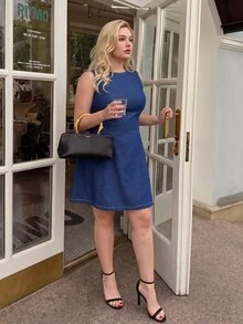Dripcurv Plus Size Women's Solid Color Round Neck Casual Daily Wear Dress - Navy Blue - View 6