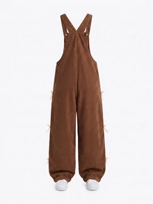 Girls Corduroy Wide Strap Sleeveless Solid Color Pocket Button Long Overall Loose Fit Romper Fall White Chocolate Brown School Graduation Cute - Brown - View 3