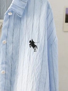 SHEIN 青少年女孩秋季上衣（13-19歲）休閒極簡米色與白色細條紋襯衫 春秋款，穿搭，舒適，日常，冬季 - 藍色 - 查看 6
