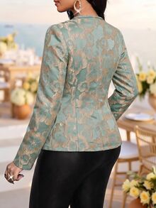 Fleurora Plus Size Women's Jacquard Long Sleeve Double-Breasted Open Front Elegant Jacket - Army Green - View 2