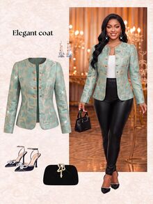 Fleurora Plus Size Women's Jacquard Long Sleeve Double-Breasted Open Front Elegant Jacket - Army Green - View 4