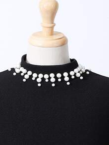 SHEIN Tween Girl Elegant Pearl Embellished Puff Sleeve Dress Party Black And White Polka Dot Fall - Black - View 5