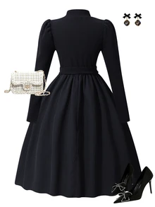 SHEIN Tween Girl Elegant Pearl Embellished Puff Sleeve Dress Party Black And White Polka Dot Fall - Black - View 3