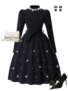 SHEIN Tween Girl Elegant Pearl Embellished Puff Sleeve Dress Party Black And White Polka Dot Fall - Black - View 4