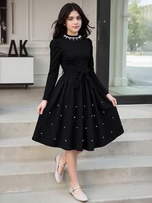 SHEIN Tween Girl Elegant Pearl Embellished Puff Sleeve Dress Party Black And White Polka Dot Fall - Black - View 2